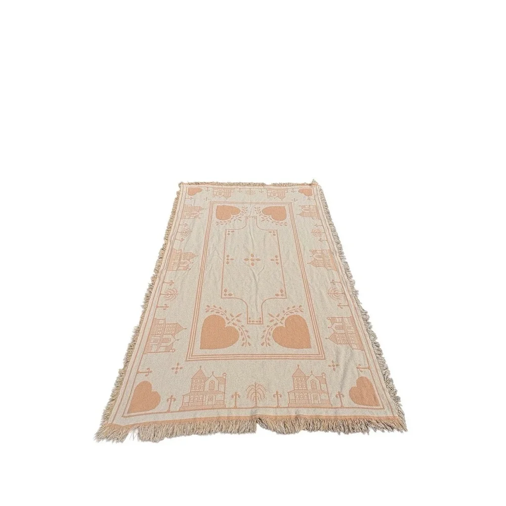 Vintage 1990 Tapestry Throw Cottagecore Peach Cream Houses Hearts Granny Mom